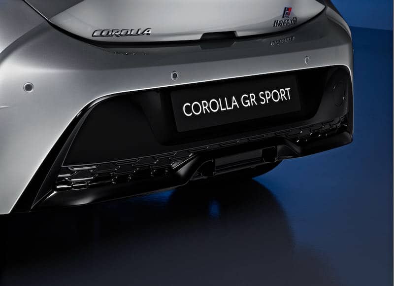 The close-up of the single diffuser on the Corolla GR Sport