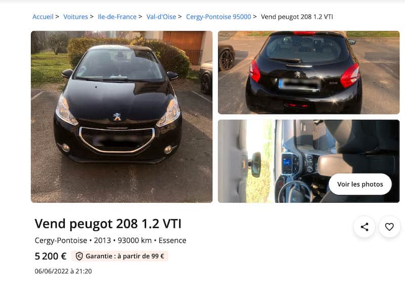 Exemple d'annonce de Peugeot 208