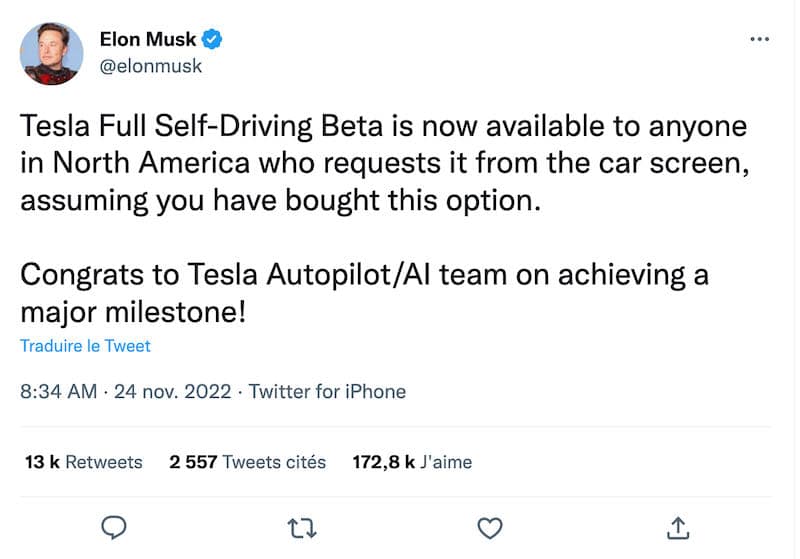 Le dernier tweet d'Elon Musk concernant Tesla